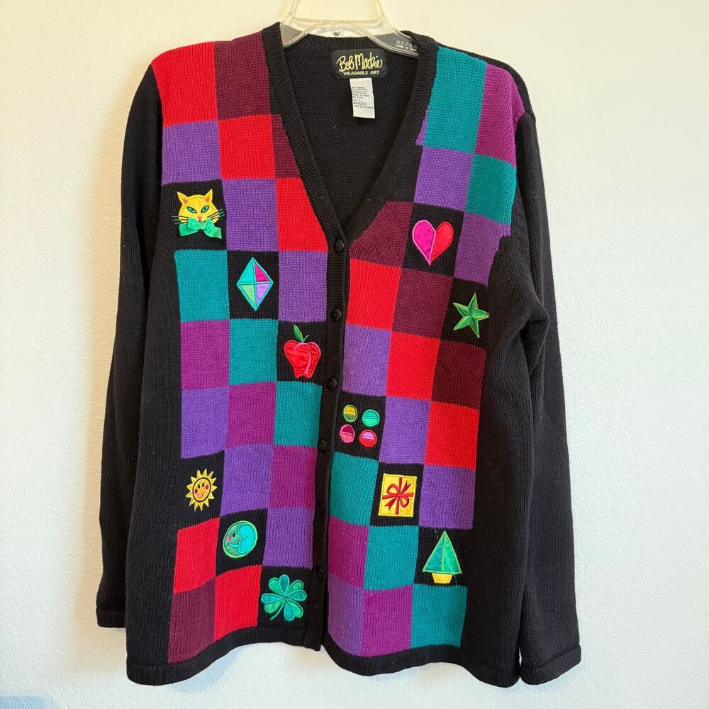 Womens Cardigan Sweater Size Large Bob Mackie Cat Heart Checkered Embroidered